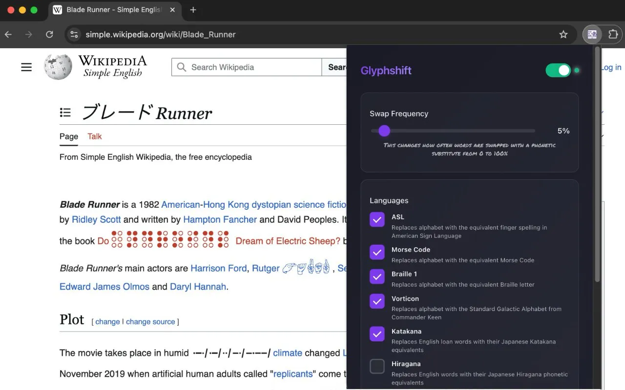 Glyphshift in action on Wikipedia